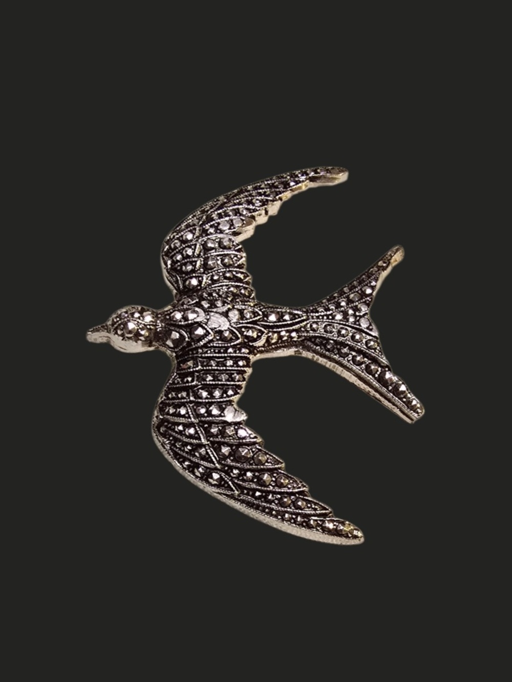 Vintage Swallow Brooch in Eloxal Metal and Faux Marcasites from Germany - Picture 2 of 5